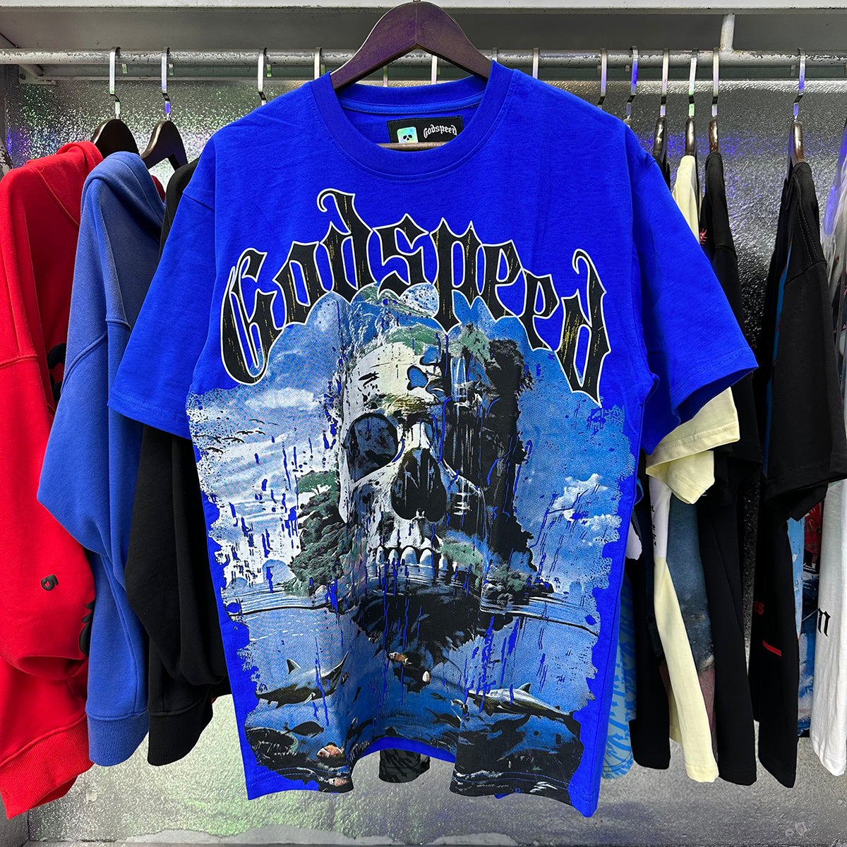 Godspeed T-shirts Skull Landscape Printing Cotton Casual Short Sleeves Men and Women