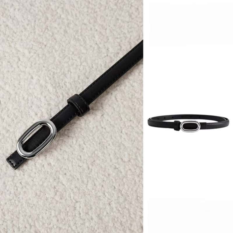 Women Slim Leather Belt Oval Silver Buckle 2nd Layer Cowhide Waistband