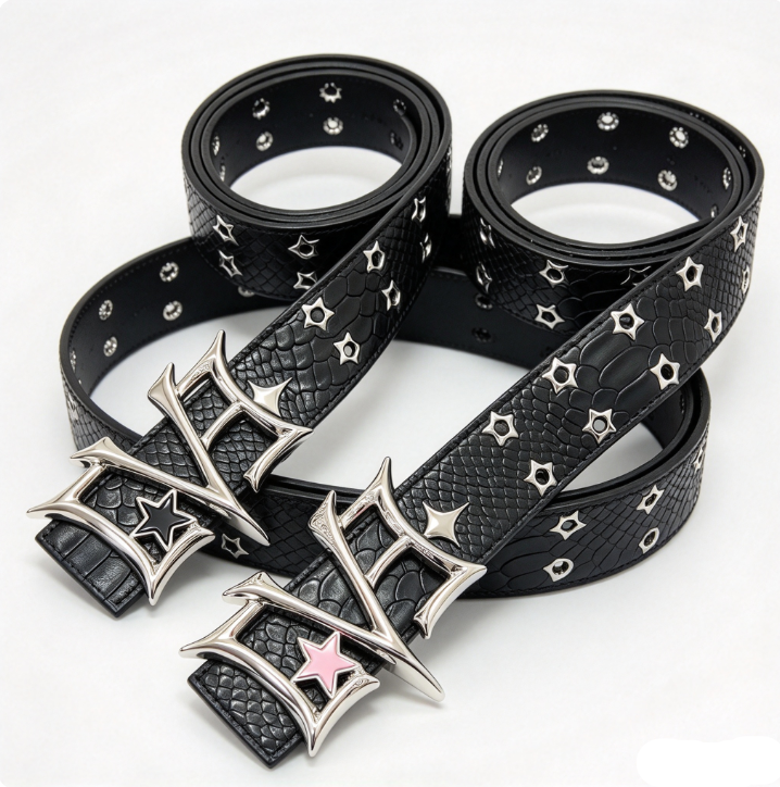 Y2K Punk LOVE Buckle Snake Texture Star Eyelet Leather Waist Belt