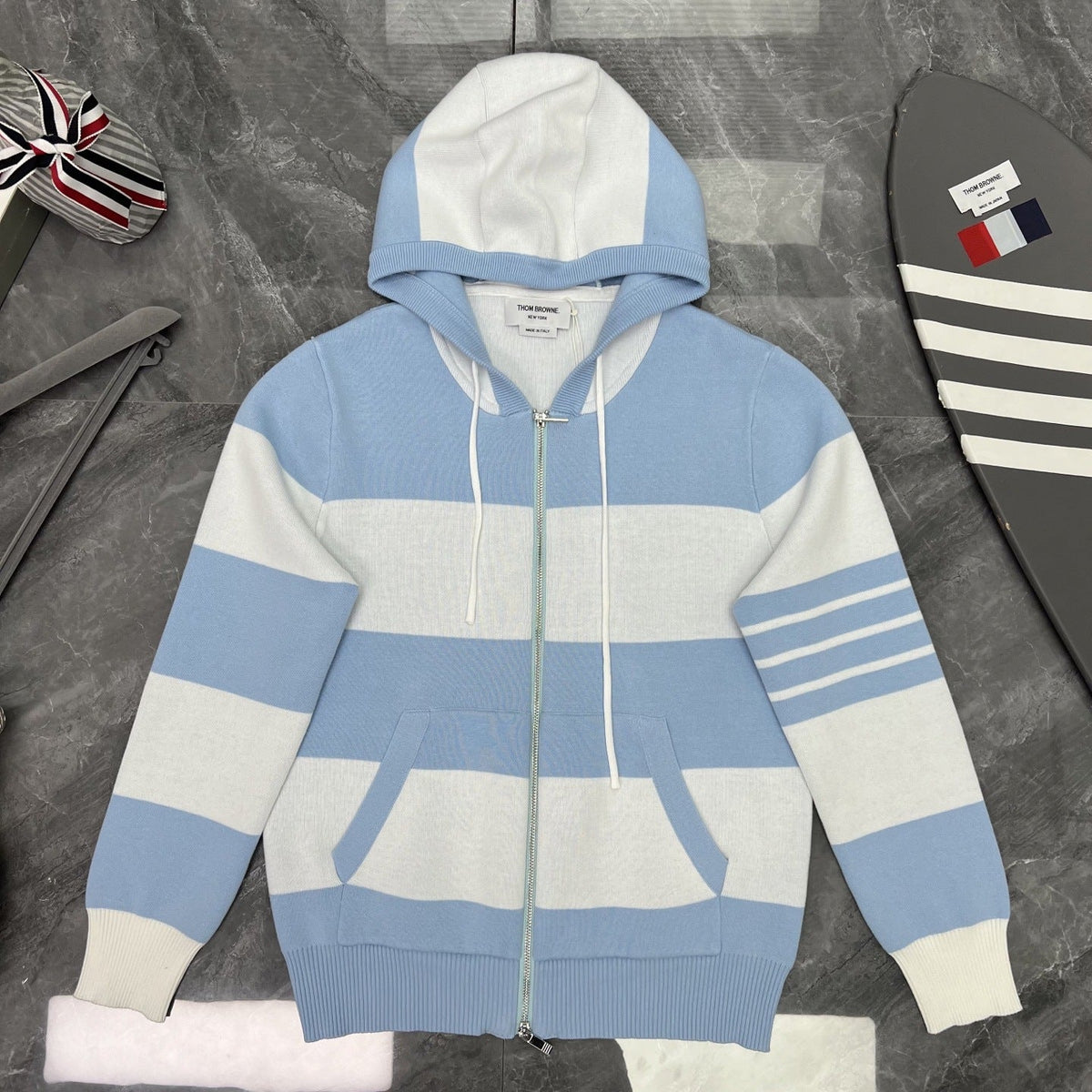 Thom Browne Style Striped Dog-Motif Zip-Up Knit Hoodie