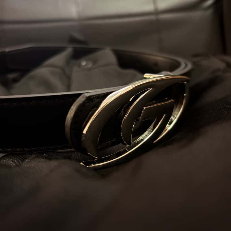 Futuristic Logo Leather Belt Polished Metal Buckle Fashion Waist Belt