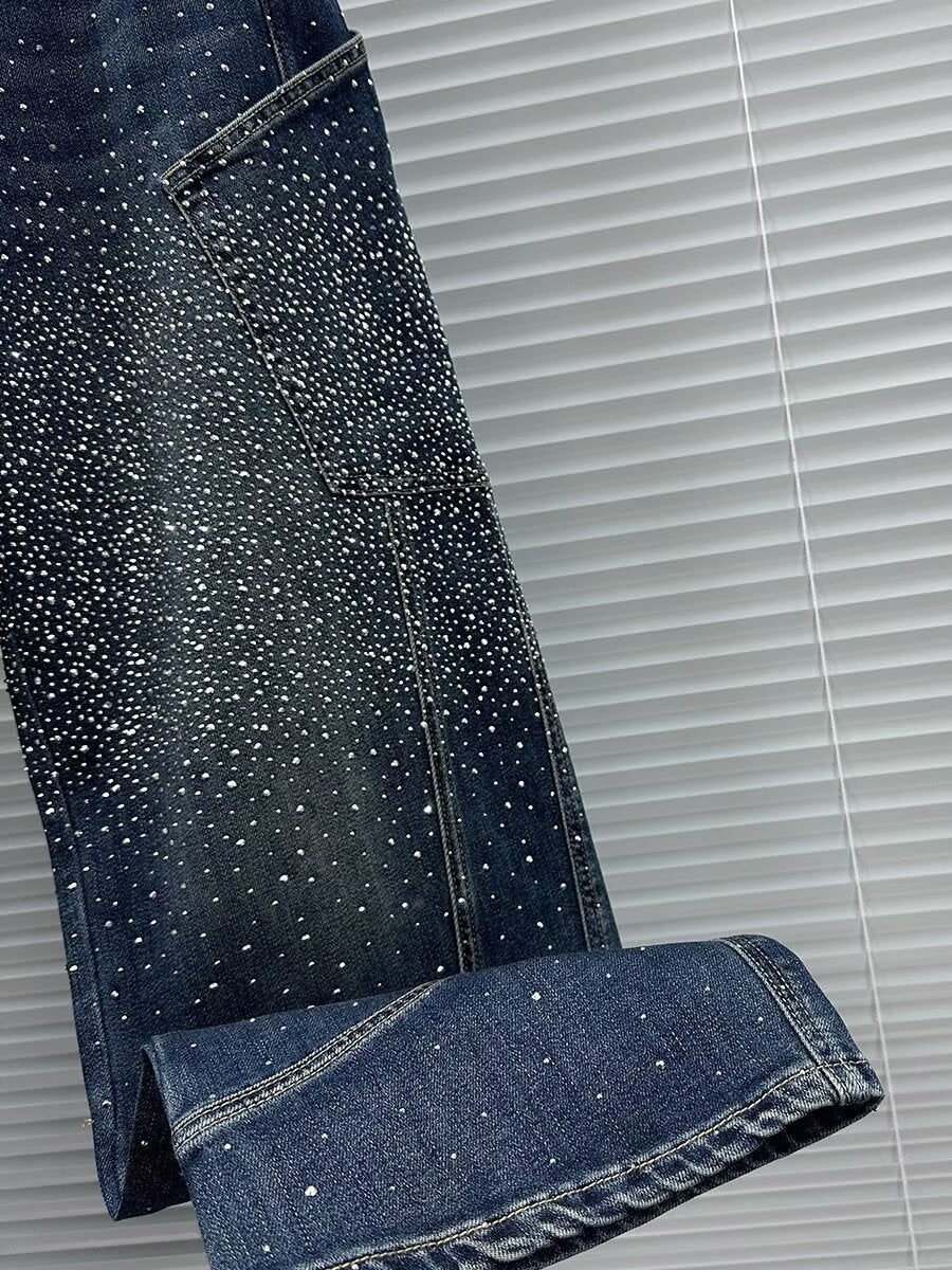 Rhinestone Studded Baggy Banana Curved Jeans Vintage Washed Streetwear
