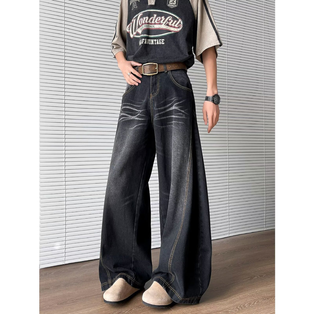 Y2K Vintage Washed Cat Whisker Curved Baggy Wide Leg Jeans Streetwear