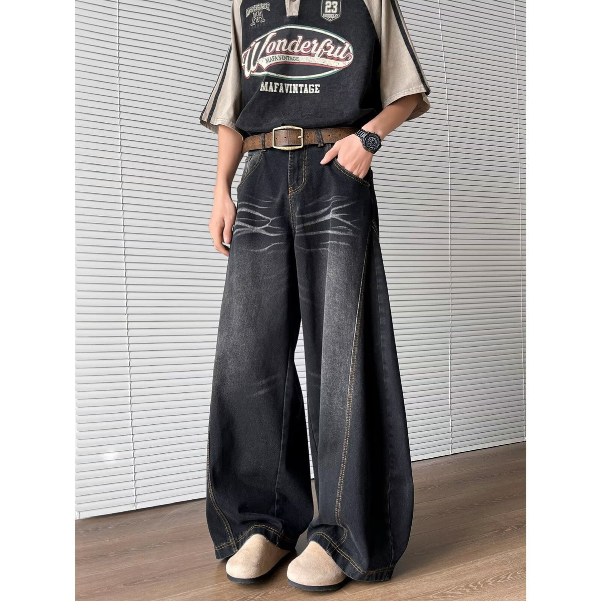 Y2K Vintage Washed Cat Whisker Curved Baggy Wide Leg Jeans Streetwear