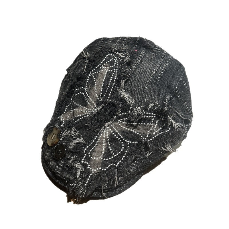 Y2K Rhinestone Butterfly Distressed Denim Newsboy Cap Streetwear Beret