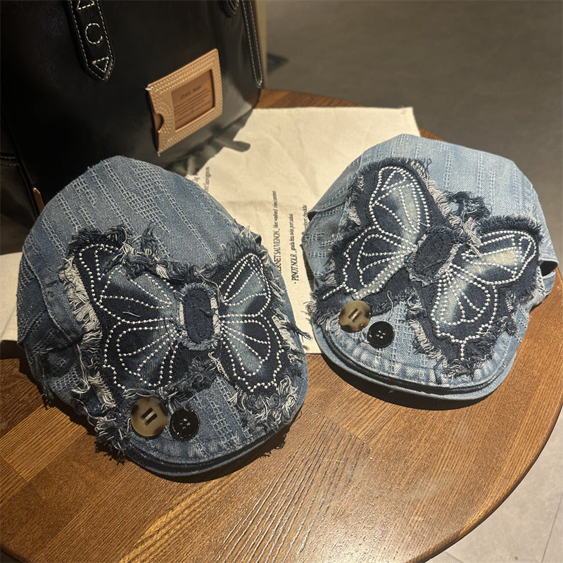 Y2K Rhinestone Butterfly Distressed Denim Newsboy Cap Streetwear Beret