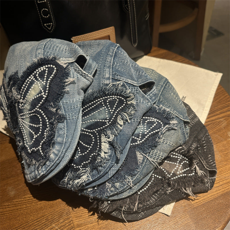 Y2K Rhinestone Butterfly Distressed Denim Newsboy Cap Streetwear Beret