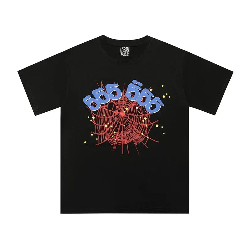 Sp5der 555 555 Red Web & Blue Numbers Graphic Black Short Sleeve T-Shirt