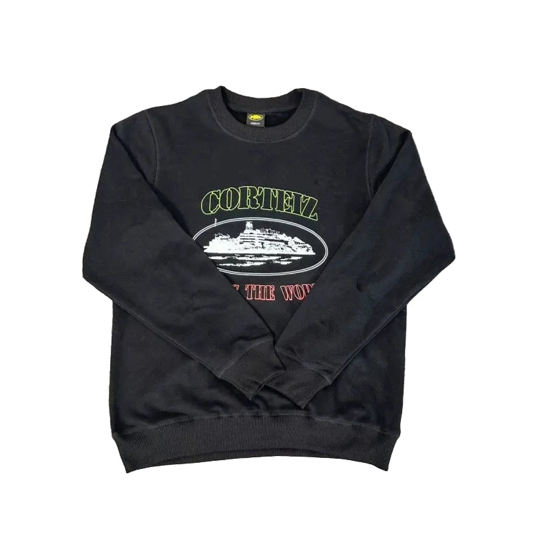 Corteiz "Rules The World" Island Logo Heavyweight Crewneck Sweatshirt - Black