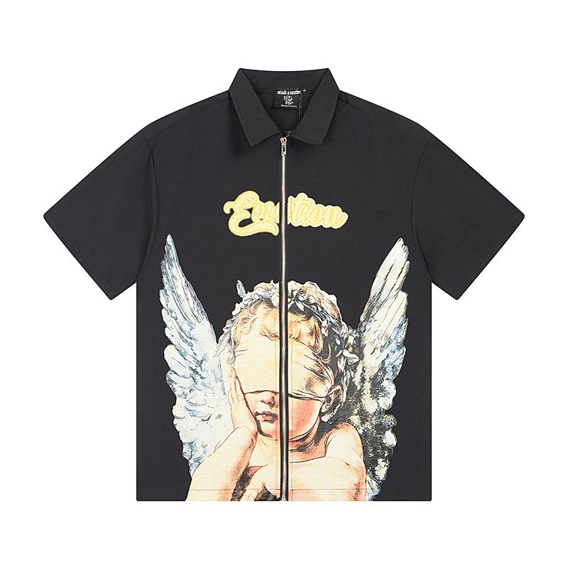 MIXED EMOTION Angel Graphic Zip-Front Short-Sleeve Shirt