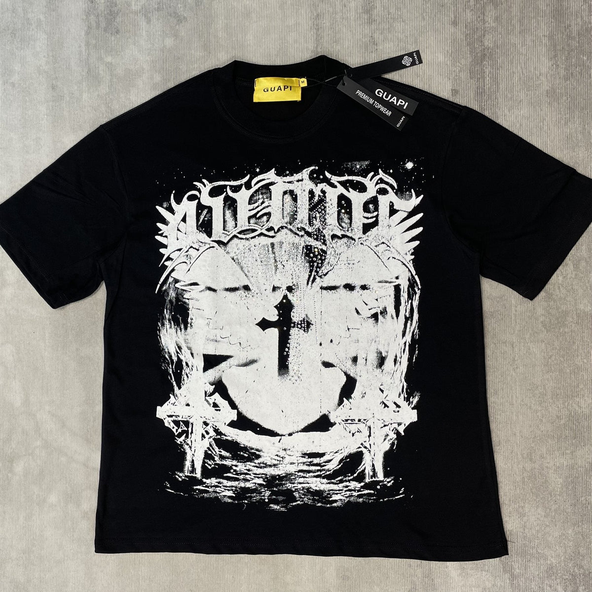 GUAPI Distressed Rhinestone Graphic T-Shirt