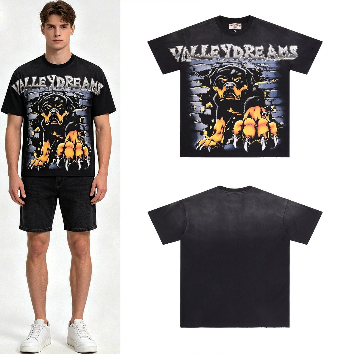 Valley Dreams Rottweiler Graphic Washed Black T-Shirt