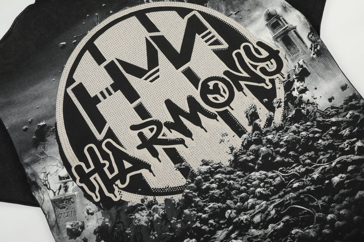 HARMONY Washed Black Rhinestone Graphic T-Shirt