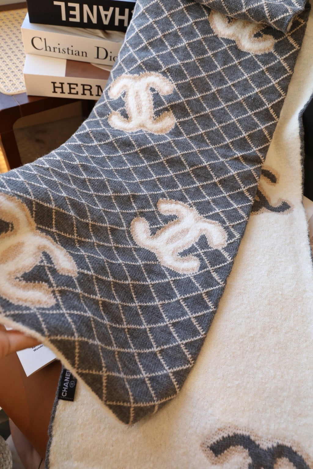 Chanel Style Fuzzy Reversible Diamond Logo Scarf