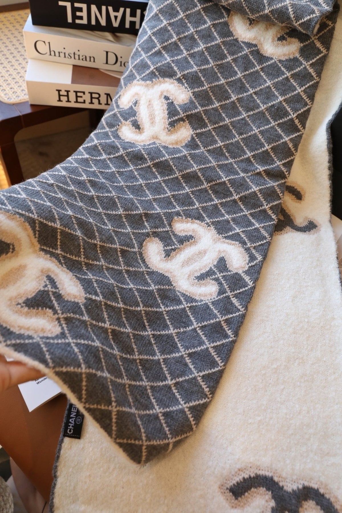 Chanel Style Fuzzy Reversible Diamond Logo Scarf