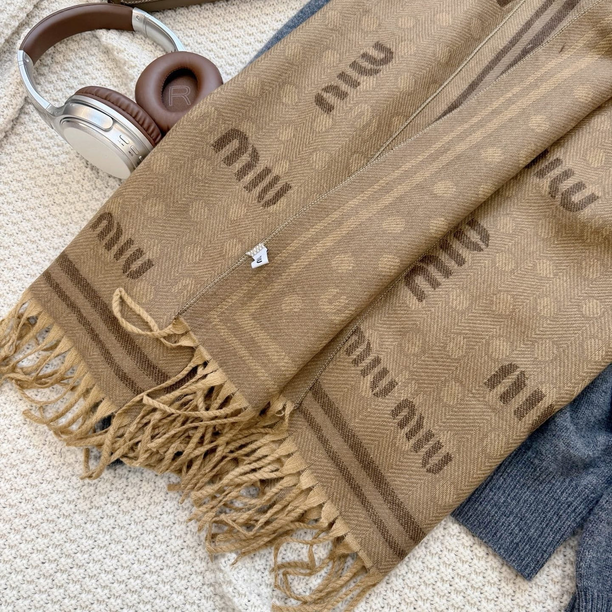 Miu Miu Style All-Over Logo Fringe Scarf