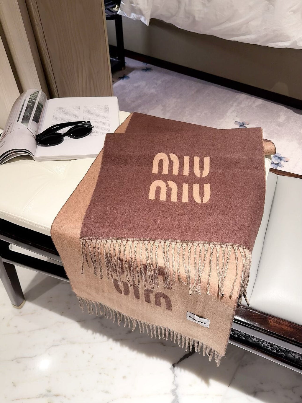 Miu Miu Style Oversized Logo Fringe Scarf