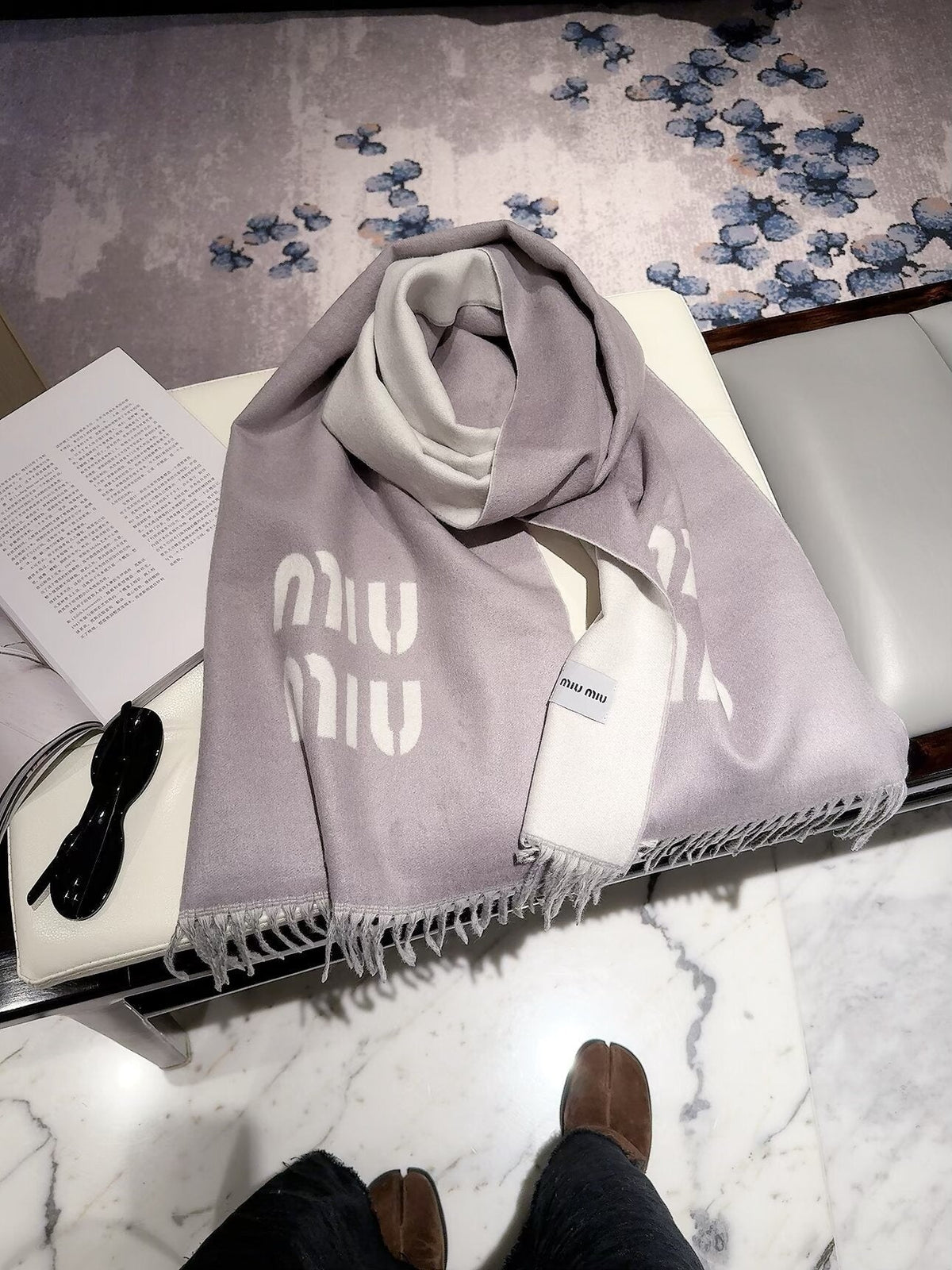 Miu Miu Style Oversized Logo Fringe Scarf
