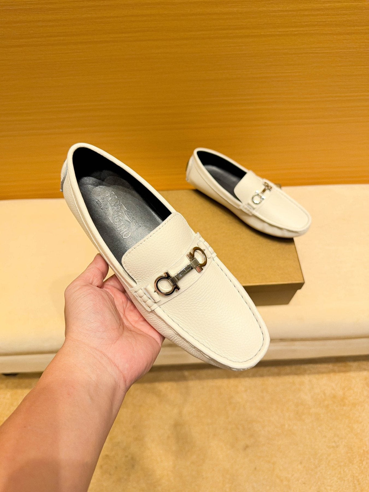 Ferragamo White Metal-Accent Loafers