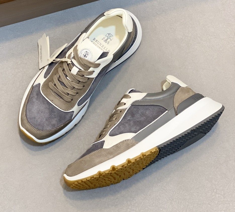Brunello Cucinelli Gray and Taupe Low-Top Sneakers
