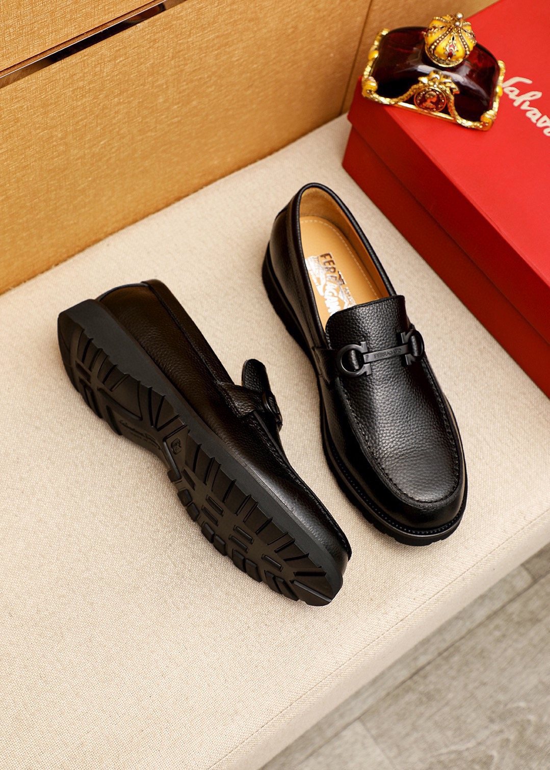 Ferragamo Black Textured Leather Slip-On Loafers
