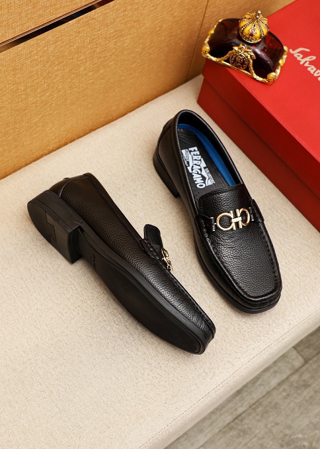 Ferragamo Black Textured Leather Loafers - Gold-Tone Hardware
