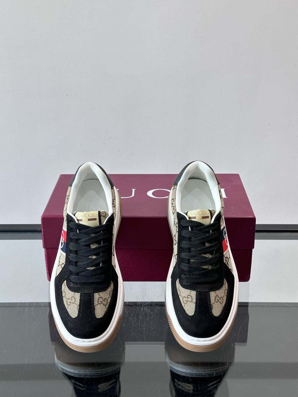 Gucci Men's Black Beige Web Stripe Sneakers