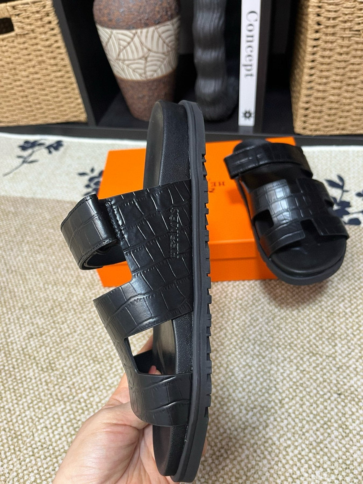 Hermes Men's Kazimir Black Slide Sandals