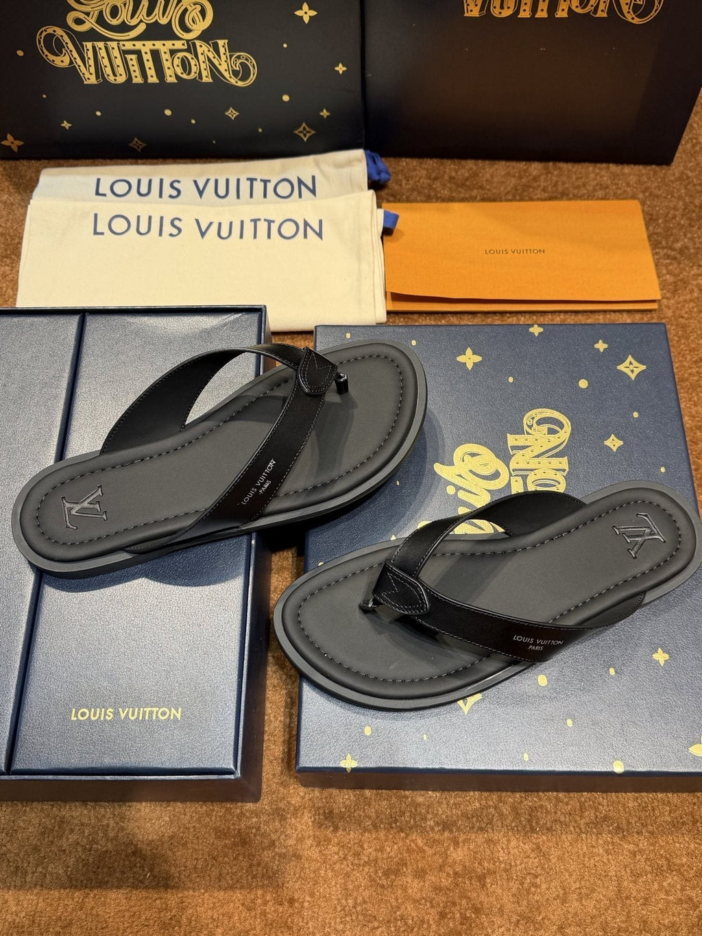 Louis Vuitton Dark Gray and Black Thong Sandals