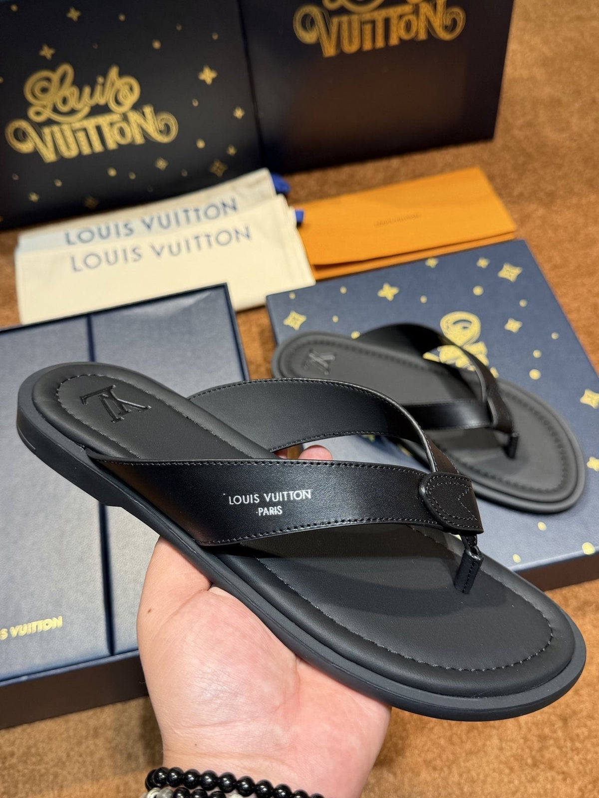 Louis Vuitton Dark Gray and Black Thong Sandals