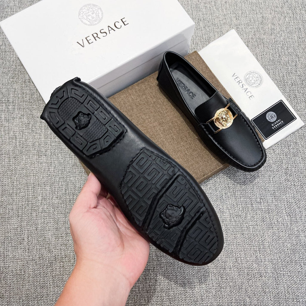Versace Men's Black Gold-Tone Hardware Loafers - Rubber Outsole