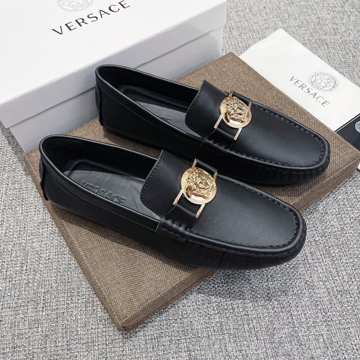 Versace Men's Black Gold-Tone Hardware Loafers - Rubber Outsole