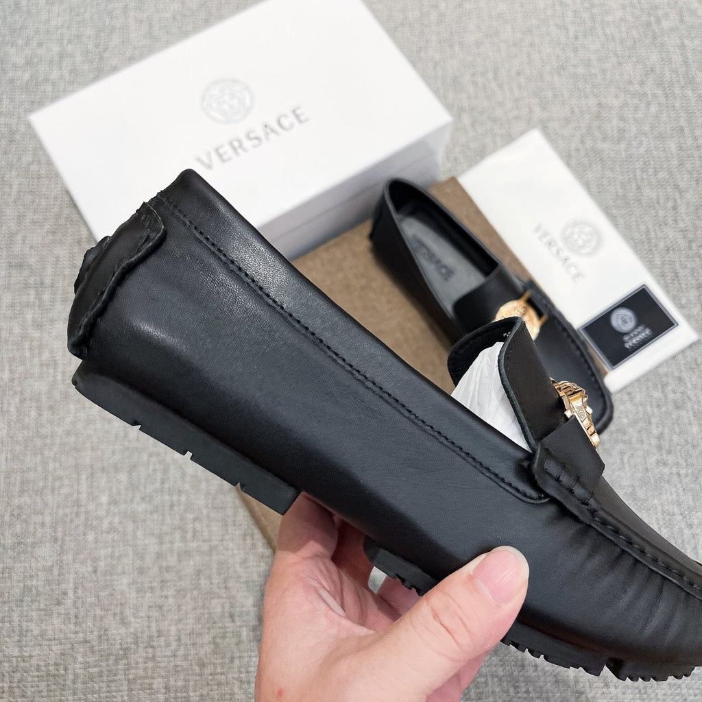 Versace Men's Black Gold-Tone Hardware Loafers - Rubber Outsole