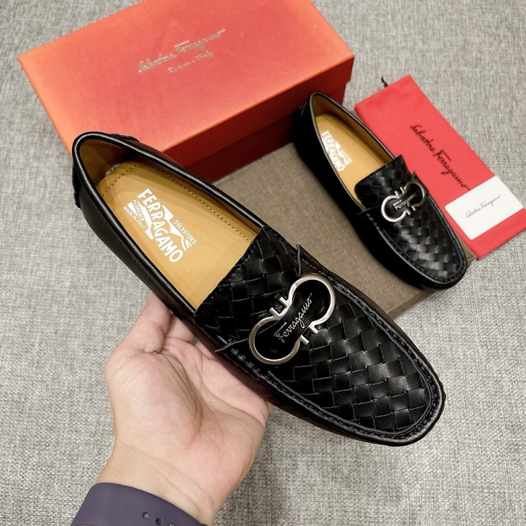 Ferragamo Black Woven Driving Loafers