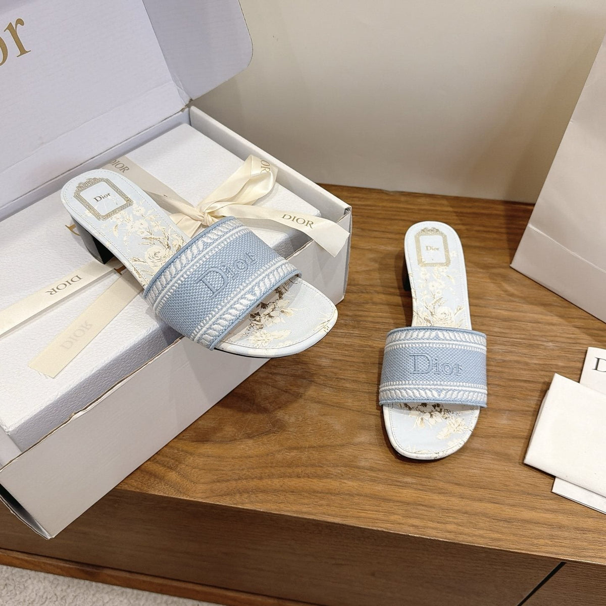 Dior Women's Light Blue Embroidered Slide Sandals
