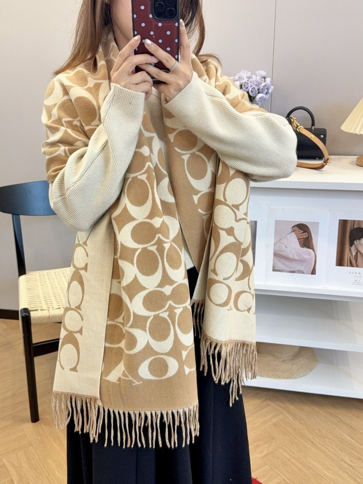 Coach Fringed Woven Motif Scarf