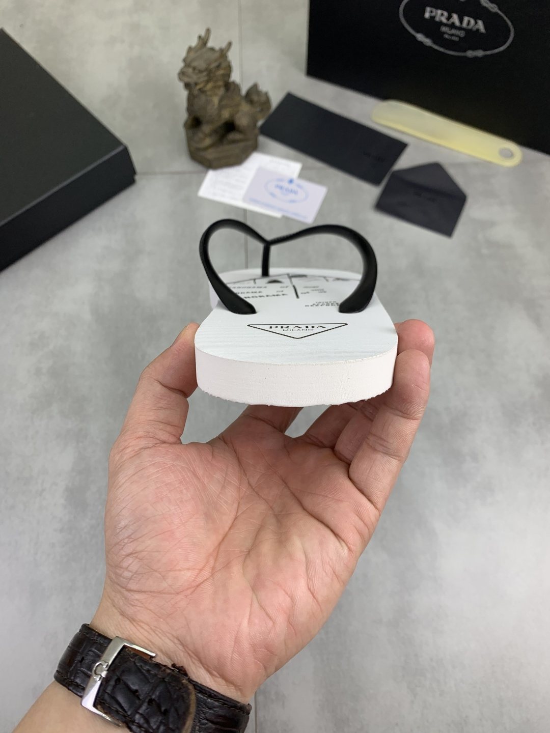 Prada Black Strap White Flip Flops