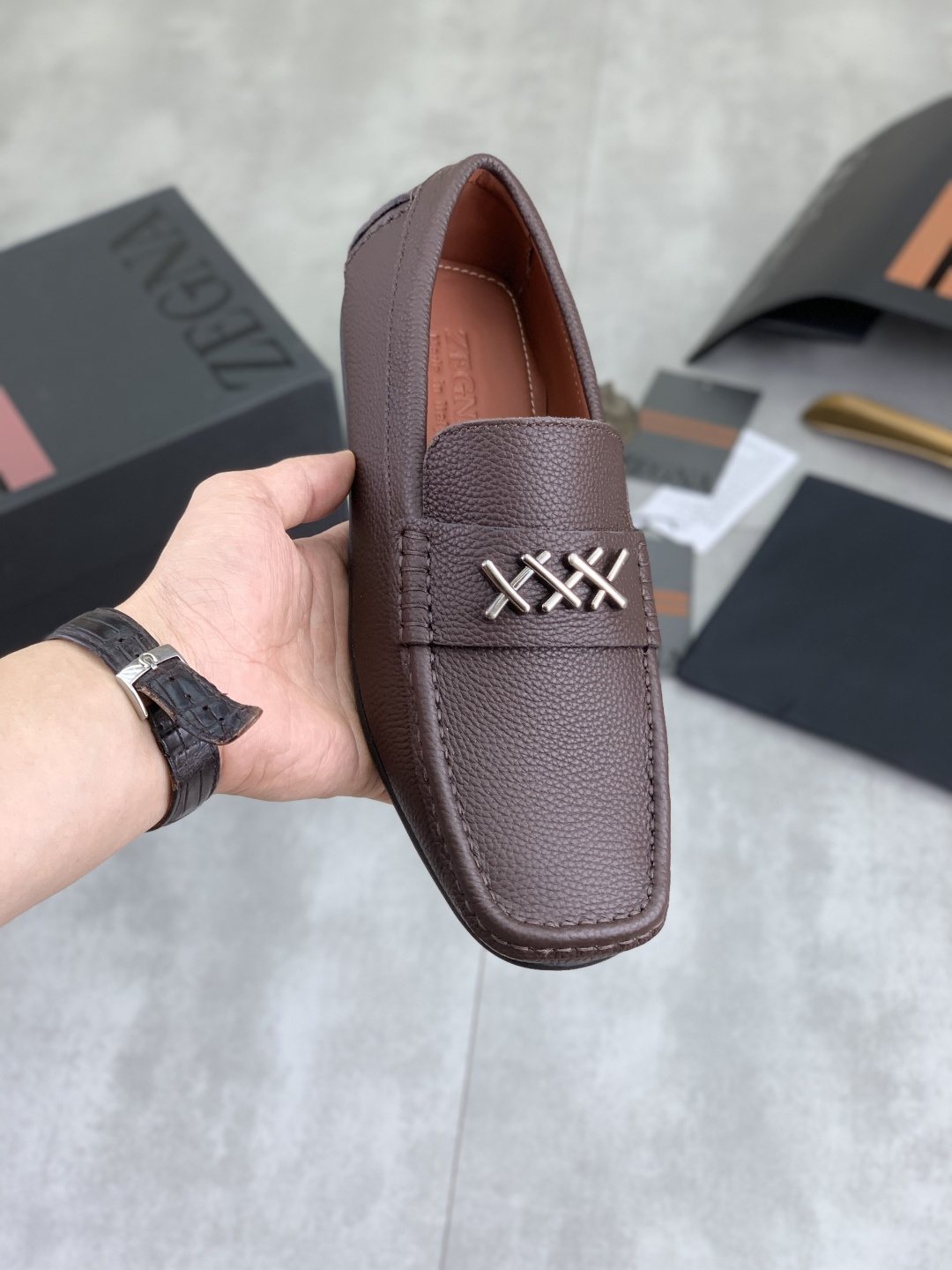 Zegna Square-Toe Leather Loafers with X Accents