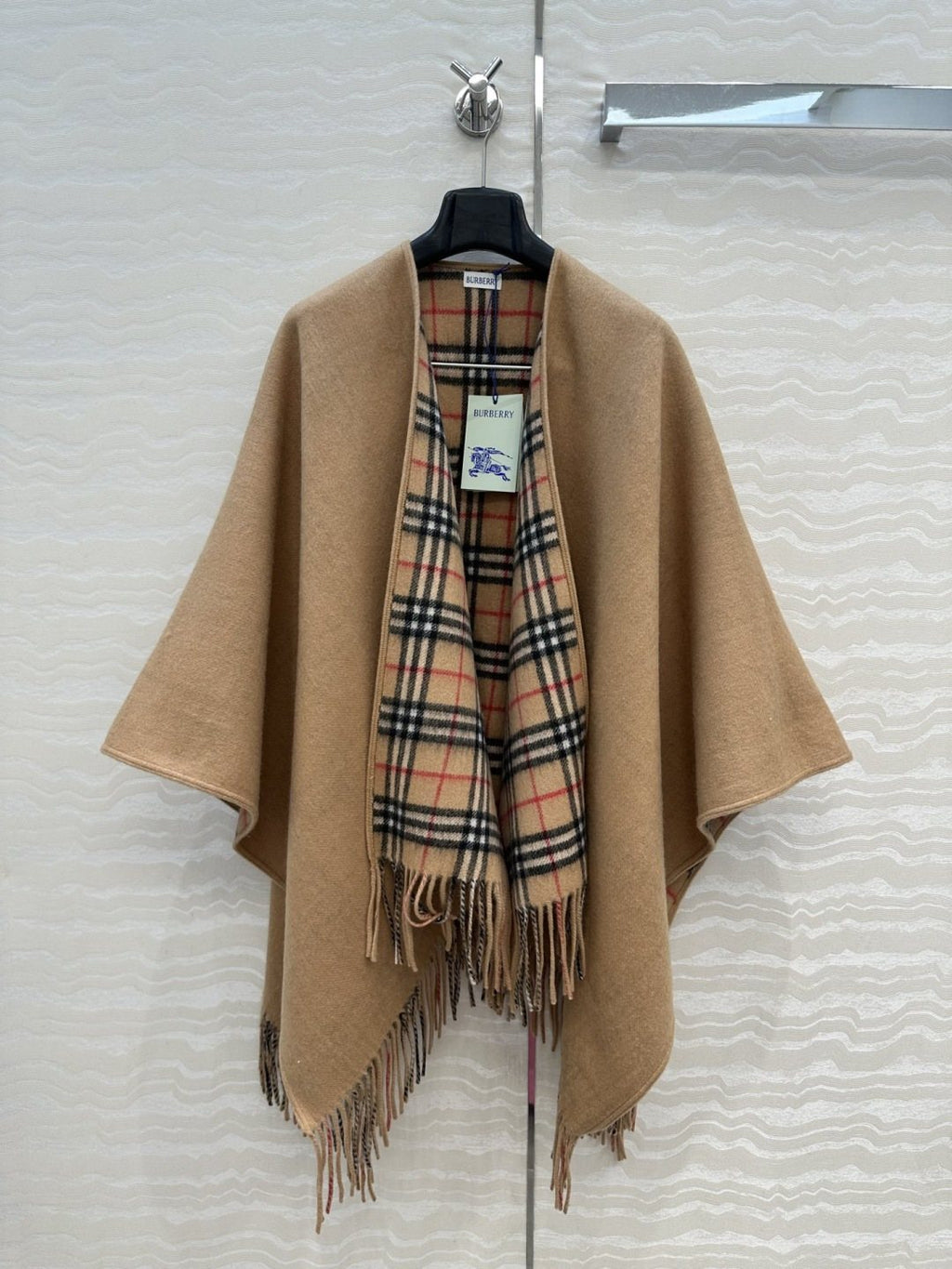Black Reversible Plaid Fringed Poncho