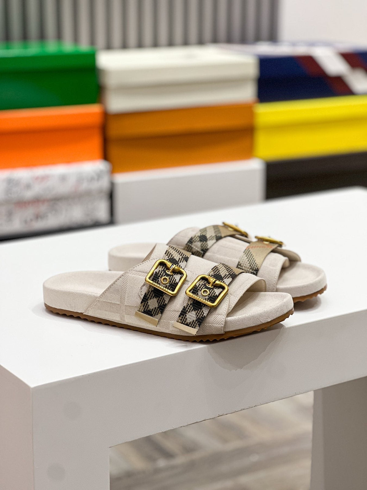Burberry Check Buckle Slide Sandals
