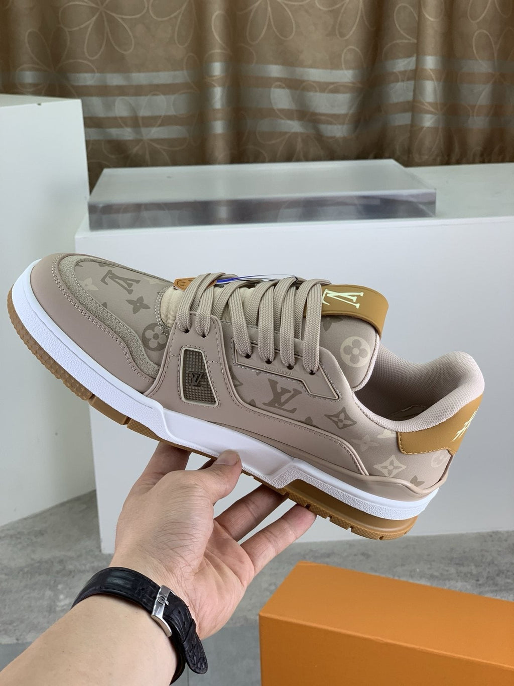 Louis Vuitton Beige, White & Gold Low-Top Sneakers