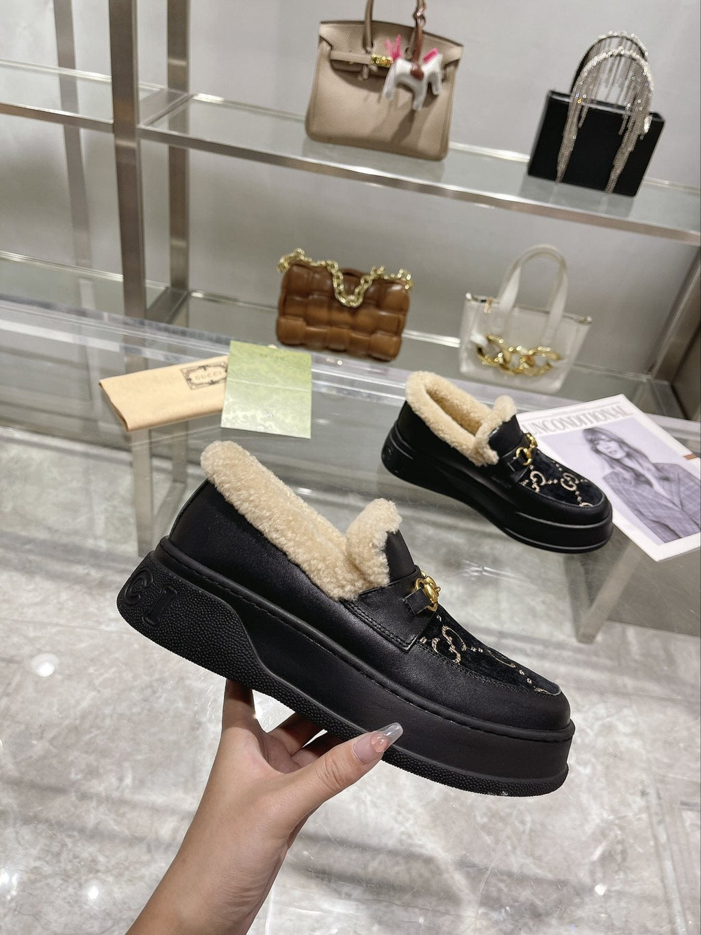 Gucci Patterned Plush-Lined Platform Slip-On Shoes