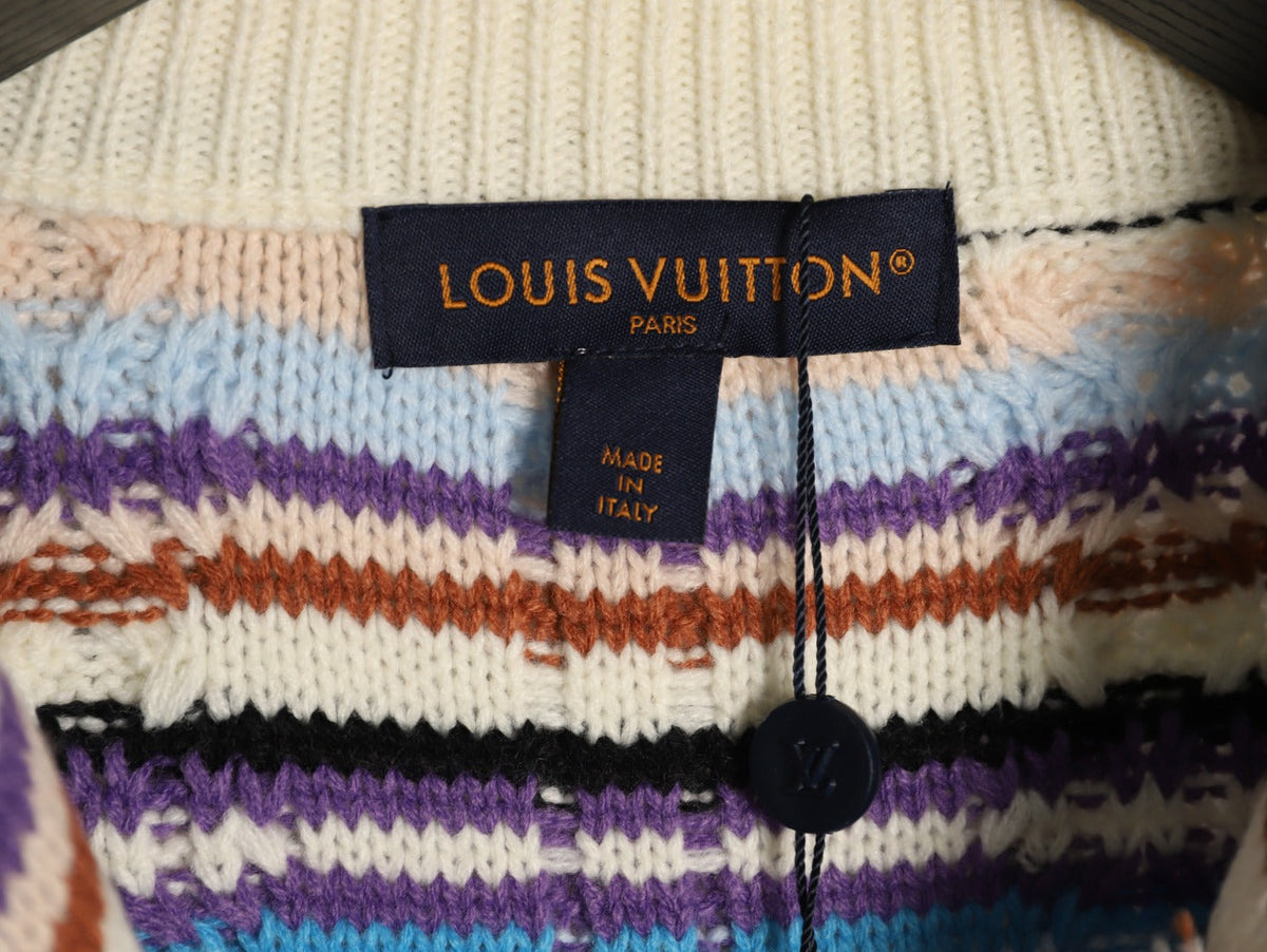 Louis Vuitton Retro Multicolor-Stripe Stand-Collar Zip Knit Cardigan - Cream
